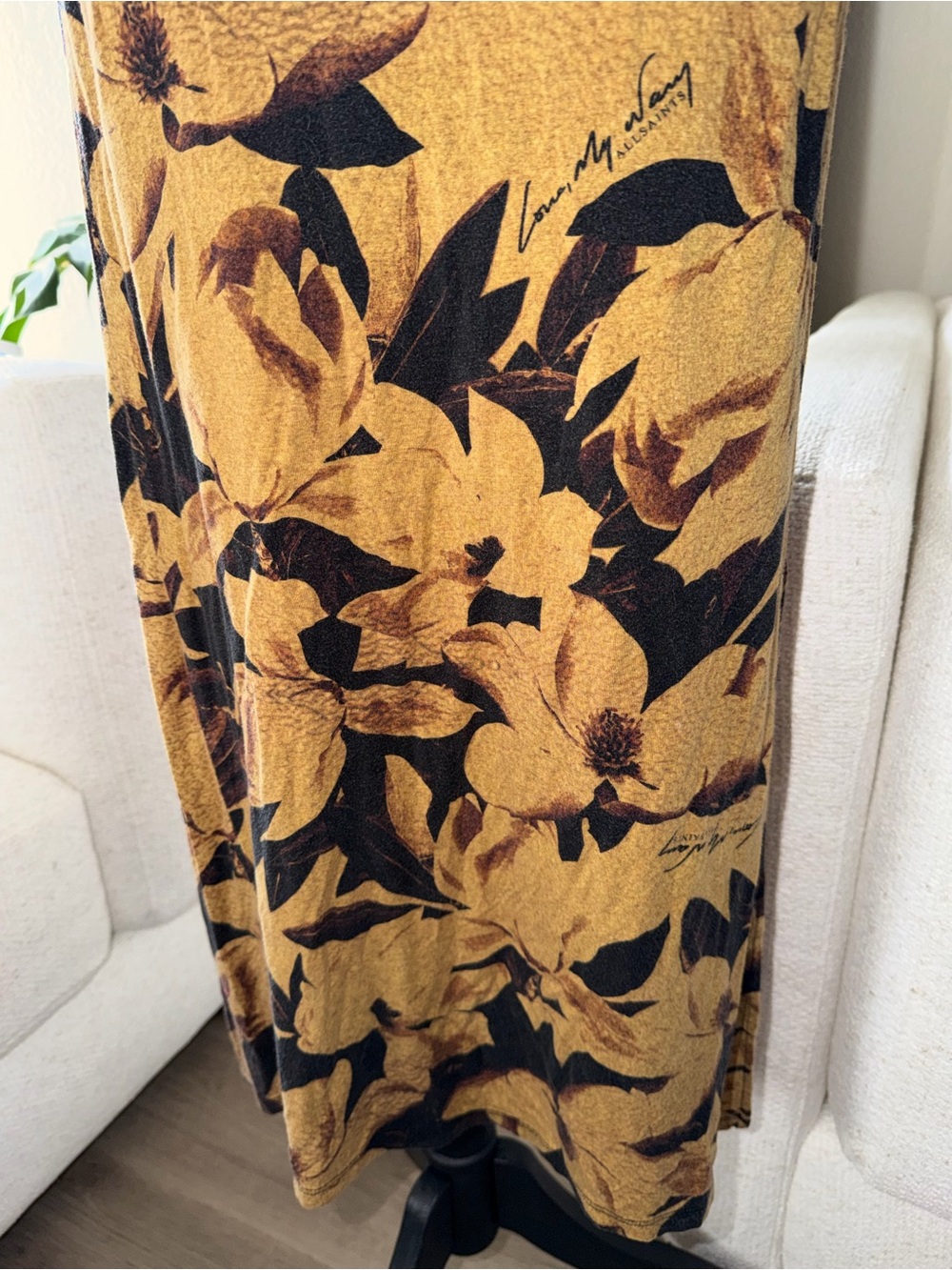 AllSaints Mustard and Black Floral Maxi Dress with Tie Front - Picture 5 of 14